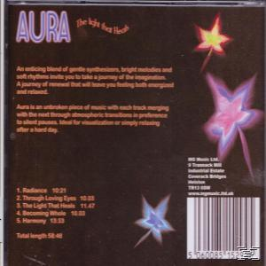 Az Aura CD tok hátulja, szöveggel és csillag alakú illusztrációkkal. A háttér sötét.
