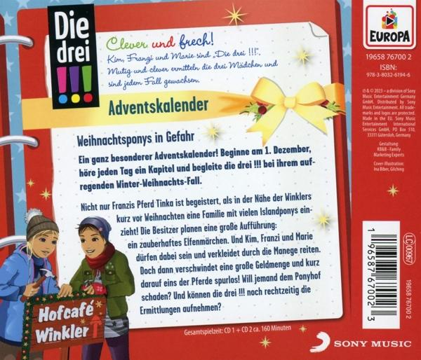 Rückseite eines Kinderbuchs mit dem Titel 'Die drei ???' mit Illustrationen.