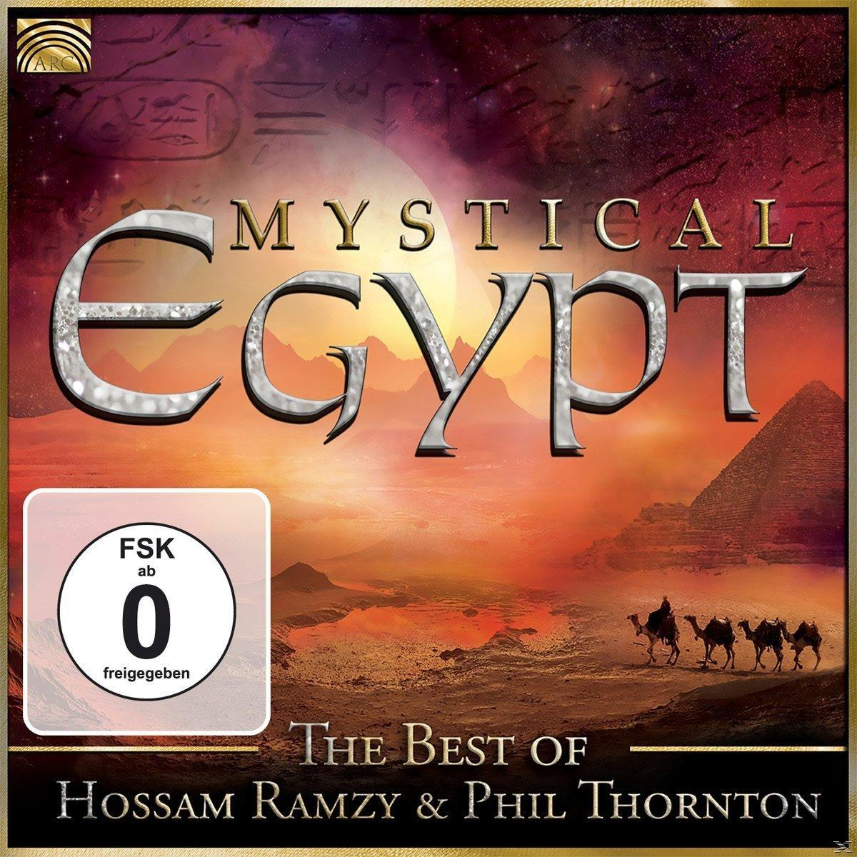 Albumcover: Ägyptisches Thema mit Pyramiden und Kamelen und den Worten 'Mystical Egypt' und 'Hossam Ramzy'.
