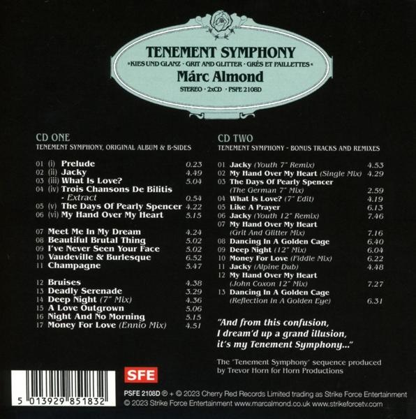 CD-Cover mit Text: Tenement Symphony von Marc Almond, Titelliste auf weißem Hintergrund.