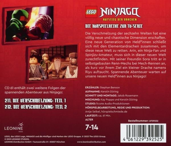 Rückseite einer CD-Hülle mit Text und Bildern aus der LEGO Ninjago TV-Serie.