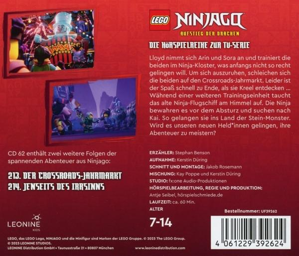 Rückseite einer Lego Ninjago CD-Hülle. Text und Bilder sind gedruckt. Enthält Details zu den Episoden.
