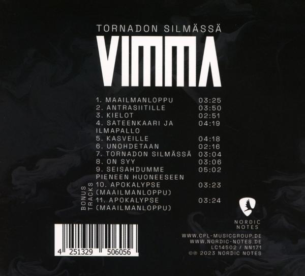 CD-Cover mit Text. Schwarzer Hintergrund mit weißem Text. Der Titel lautet „Tornadon Silmassa“.