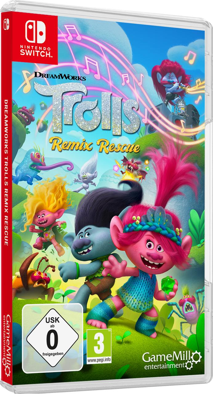 Nintendo Switch Spielhülle für Trolls Remix Rescue. Das Cover zeigt Cartoon-Figuren.