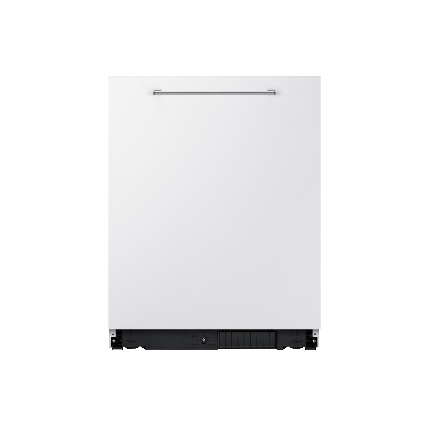 A white dishwasher, with a handle, against a black background, front view.
