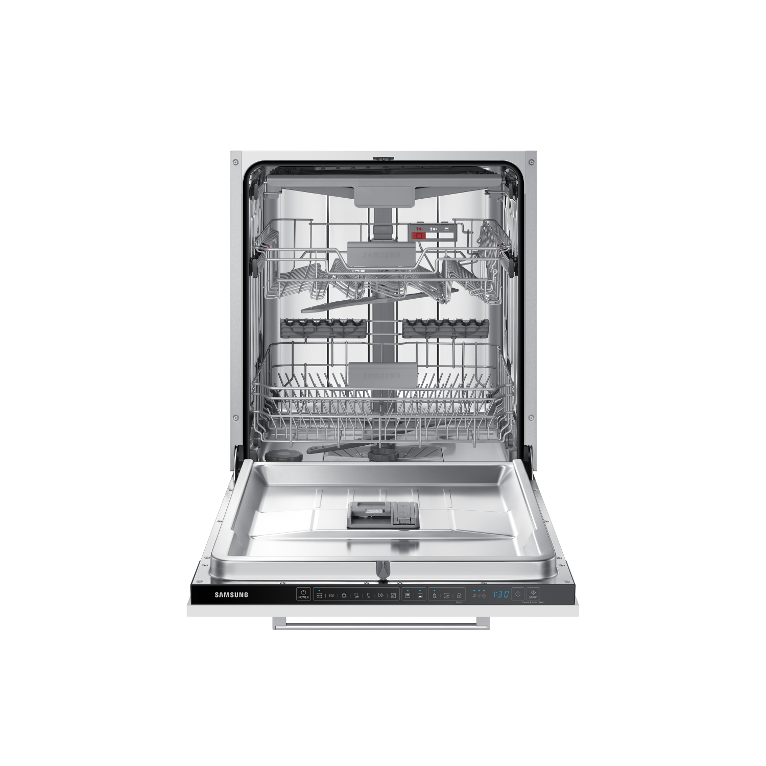 Open dishwasher with racks and spray arms; black background.