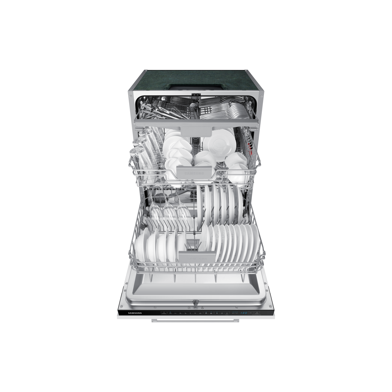 Open dishwasher with clean dishes in racks; background is black.