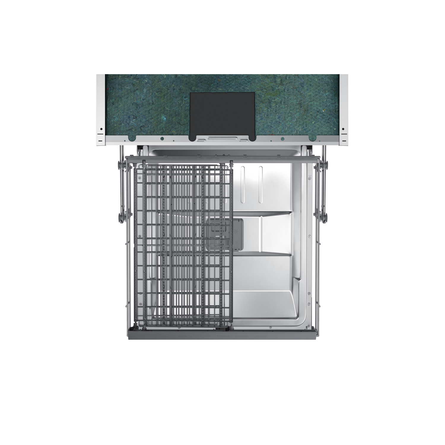 Dishwasher interior, top view, with racks and shelves.