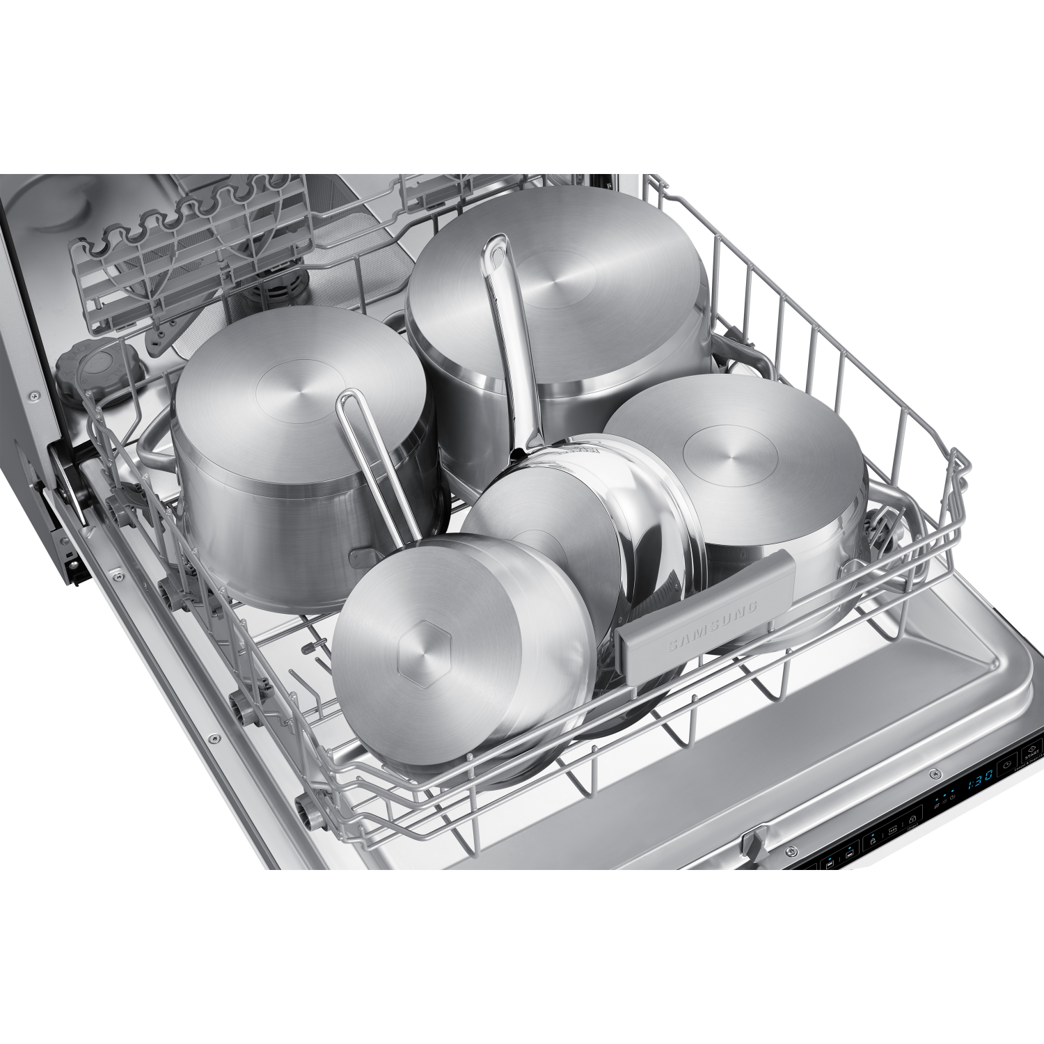 Dishwasher with several stainless steel pots inside.