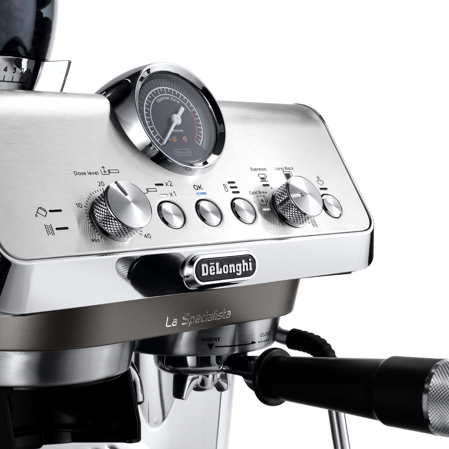 Stainless steel espresso machine with controls and dial.