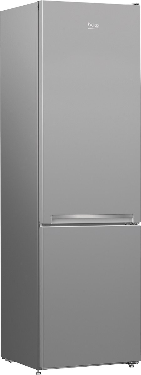 Wysoka, srebrna lodówka z szufladą zamrażarki na dole.