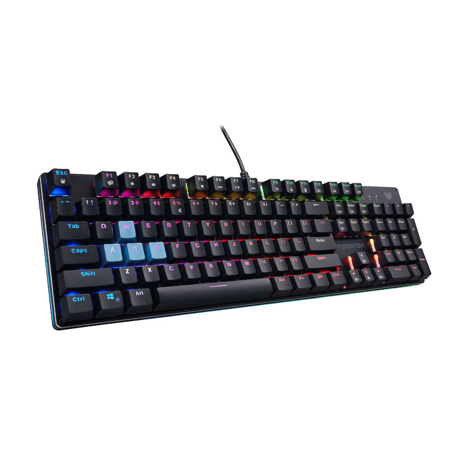 Tastiera meccanica, tasti neri e illuminazione RGB. Isolato su sfondo bianco.