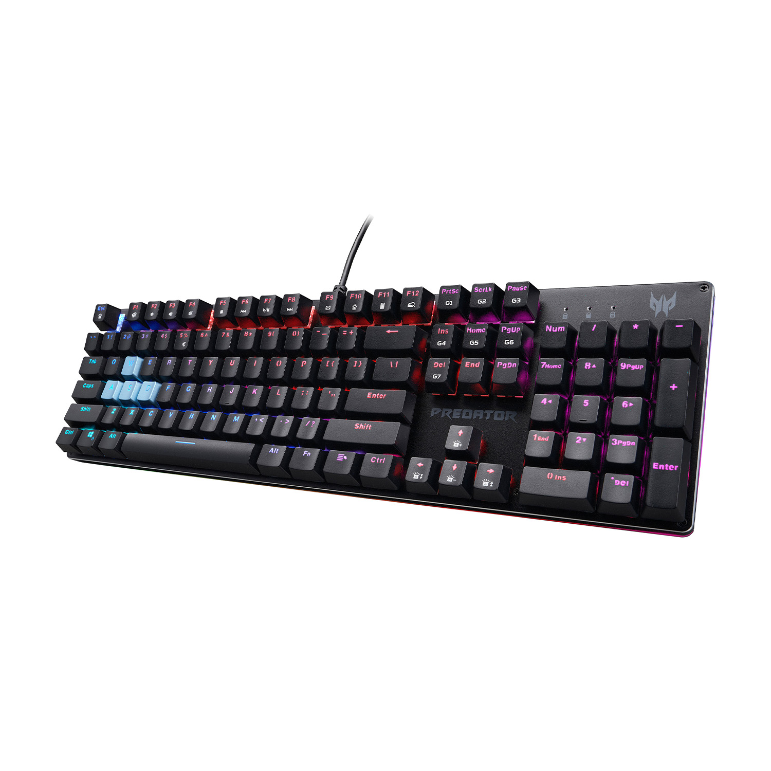 Una tastiera da gioco Predator nera con illuminazione RGB, con più tasti e il logo Predator.