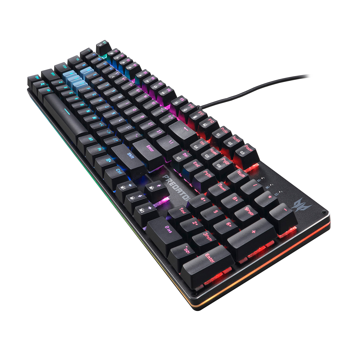 Tastiera da gioco nera con tasti retroilluminati colorati. Il logo Predator è visibile.
