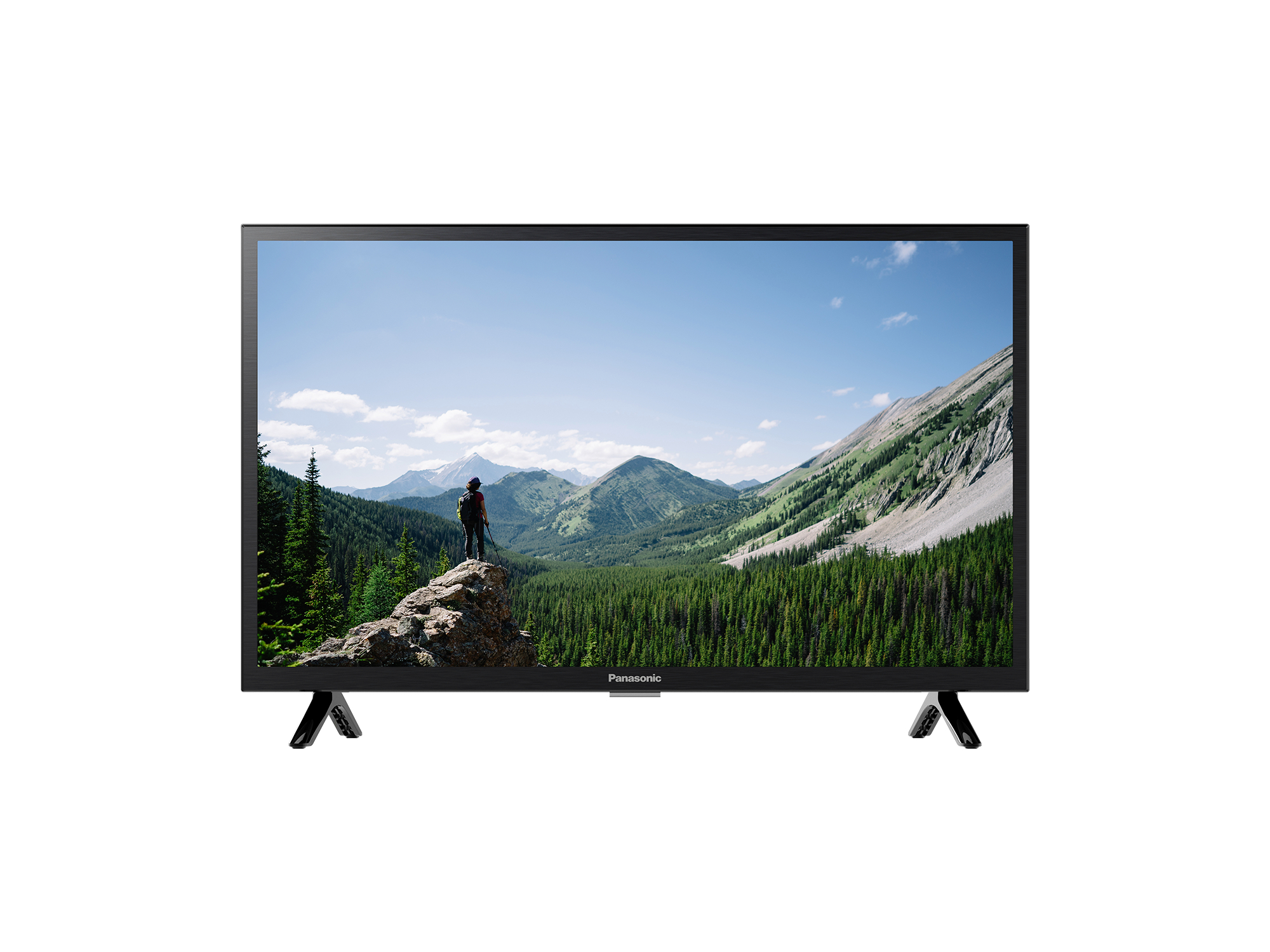 TV zeigt eine Berglandschaft mit Person auf einem Felsen.