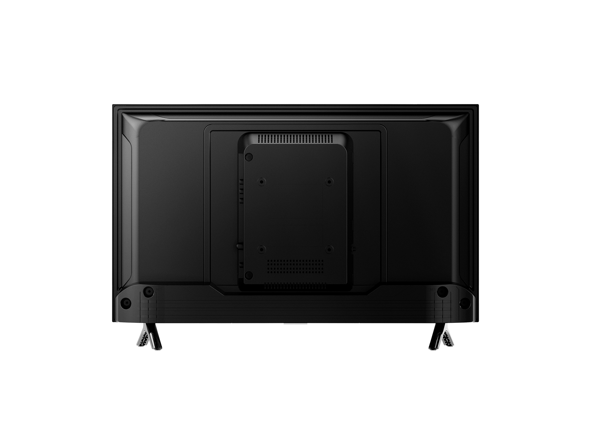 Rückseite eines schwarzen Fernsehers mit Halterung und Standbeinen, isoliert auf weißem Hintergrund.