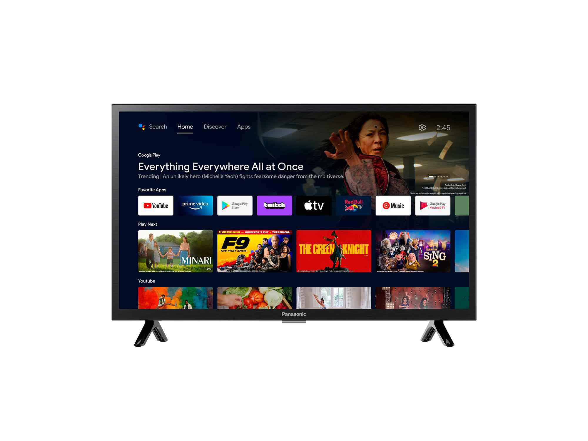 TV-Bildschirm mit dem Film "Everything Everywhere All at Once" und einer Google TV-Oberfläche.