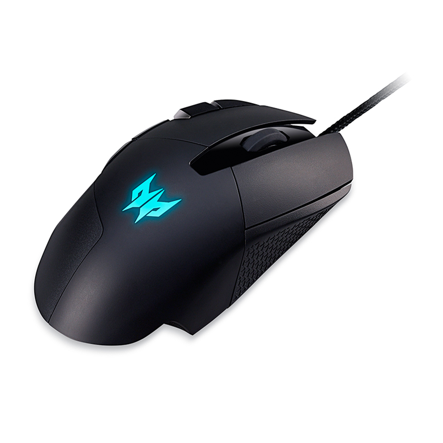 Un mouse da gioco nero con logo illuminato e connessione cablata.