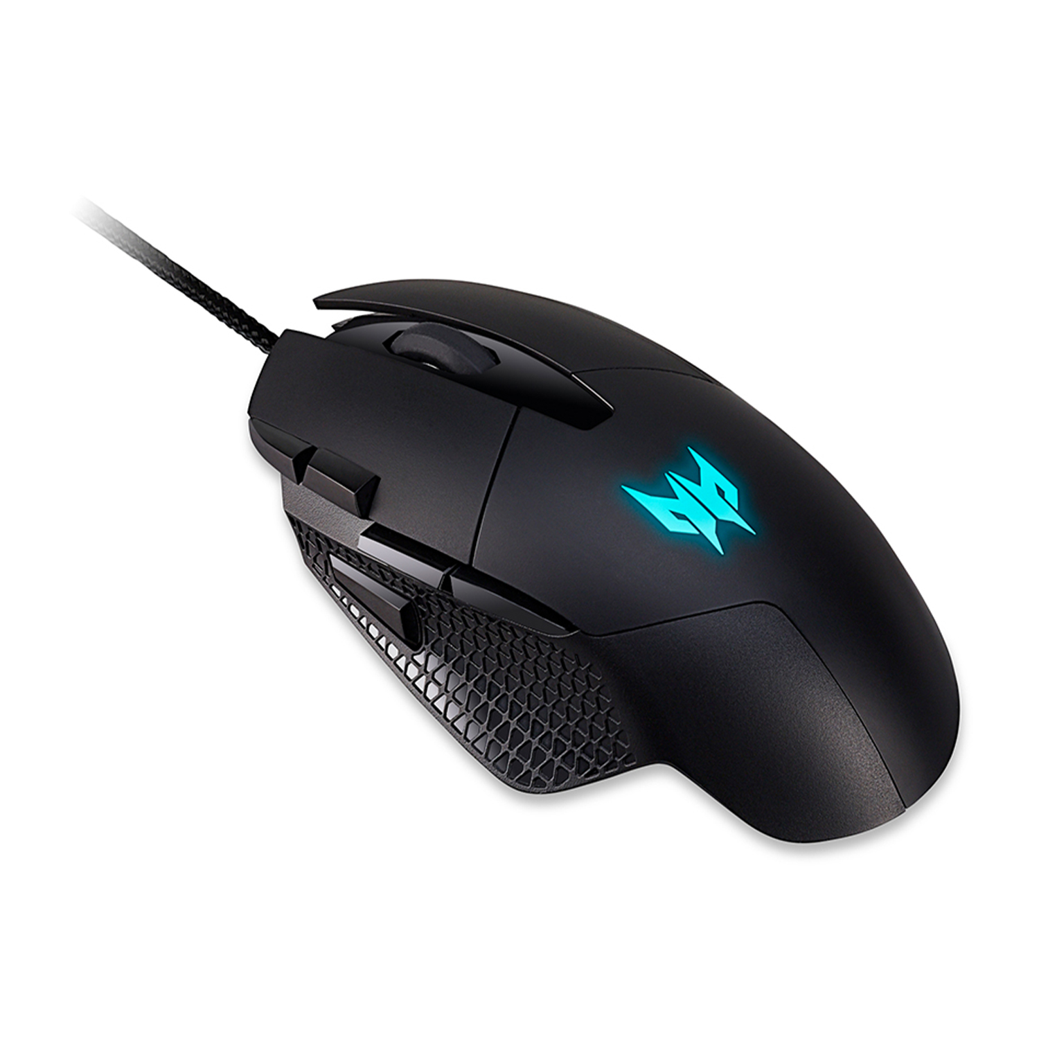Mouse da gioco nero con logo illuminato e connessione cablata, su sfondo bianco.