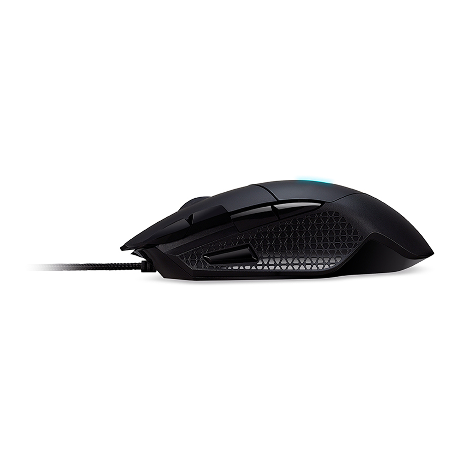 Mouse da gioco nero con lati testurizzati, cavo nero. Piccola luce blu sopra.