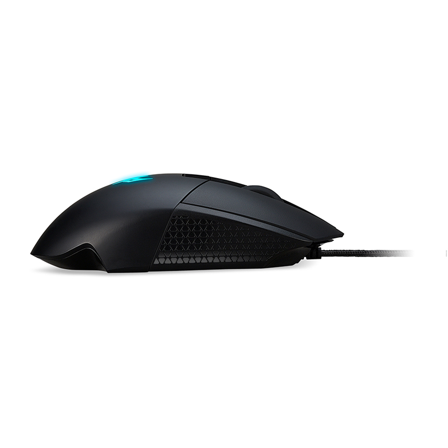 Mouse per computer nero con una luce blu sulla parte superiore. Ha una connessione cablata e un'impugnatura laterale strutturata.