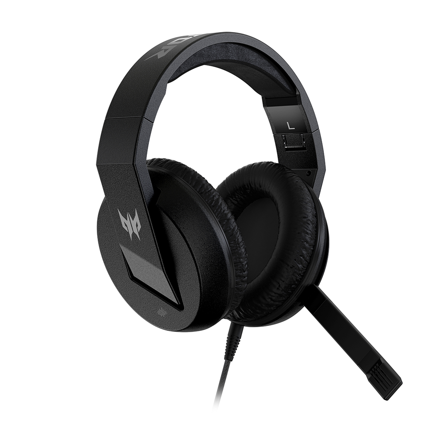 Cuffie nere con microfono. Le cuffie hanno una finitura opaca scura.