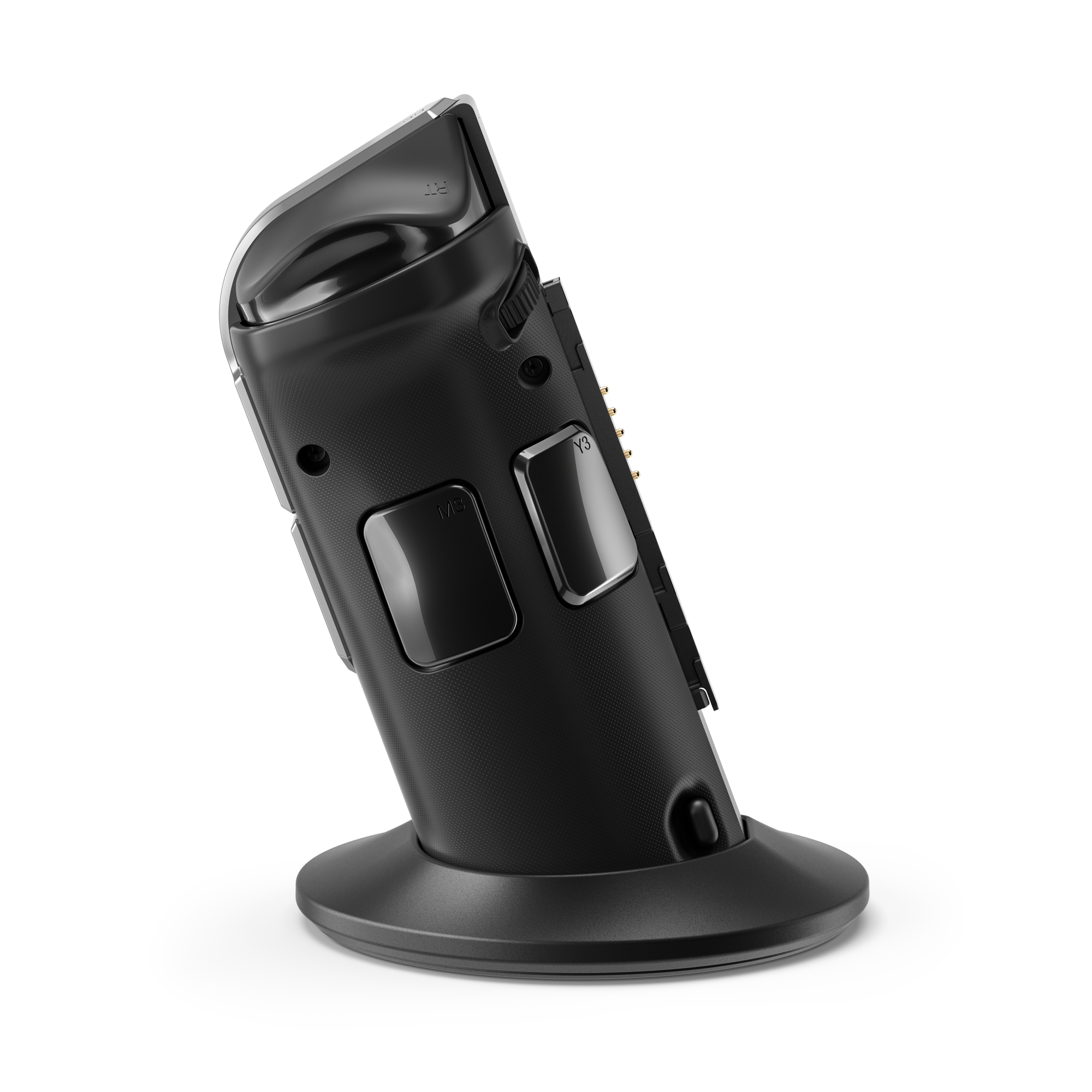 Ein schwarzer Gamecontroller, der auf einem schwarzen Ladeständer geladen wird.