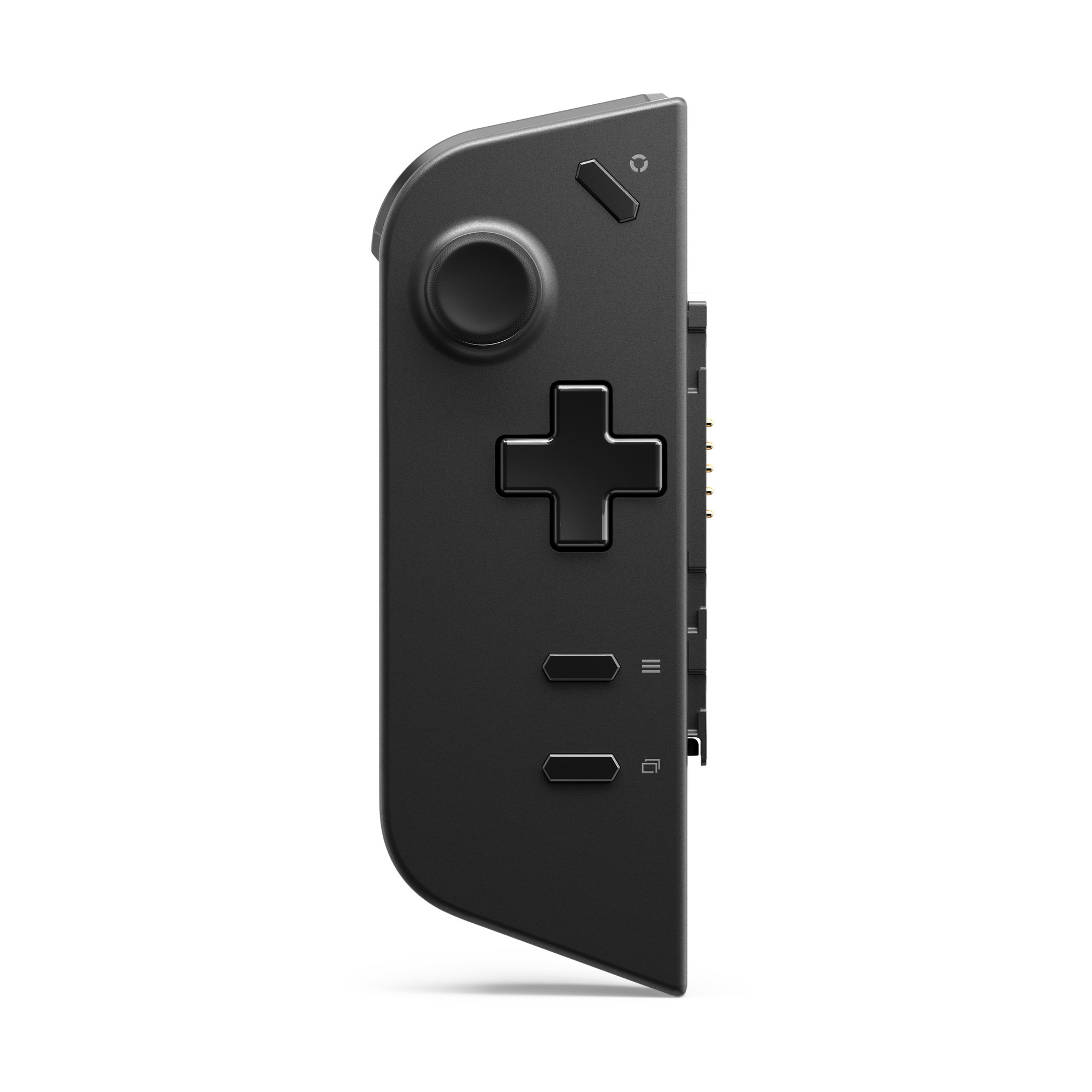 Schwarze Gamecontroller-Seitenansicht mit Kn öpfen, Steuerkreuz und Bedienelementen.