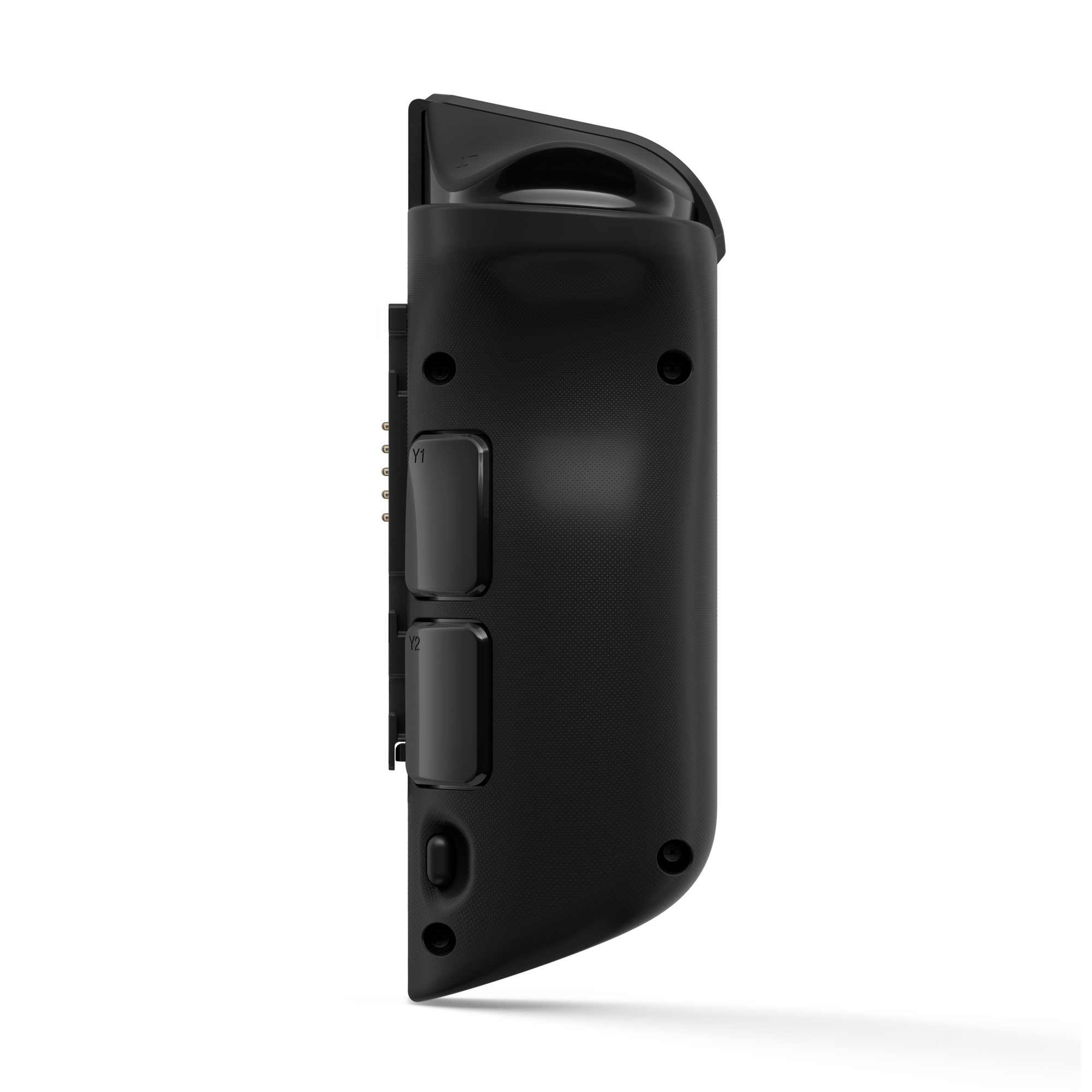 Schwarzer Controller für eine Konsole. Seitenansicht mit Knöpfen und Griff. Einfarbiger weißer Hintergrund.