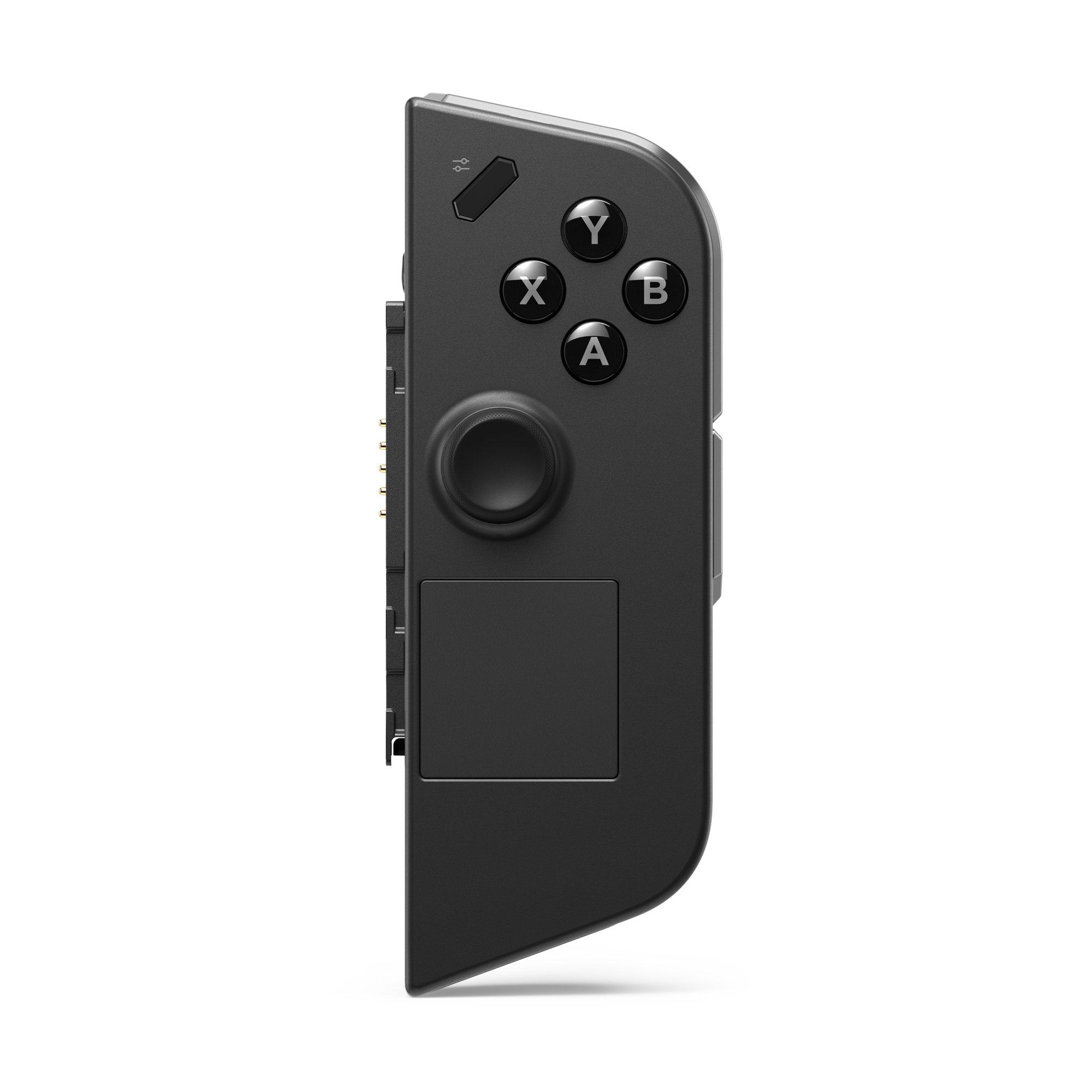 Schwarzer Gamecontroller für eine Spielkonsole. Zeigt Tasten, Joystick und den Teil, der an die Konsole angeschlossen wird.