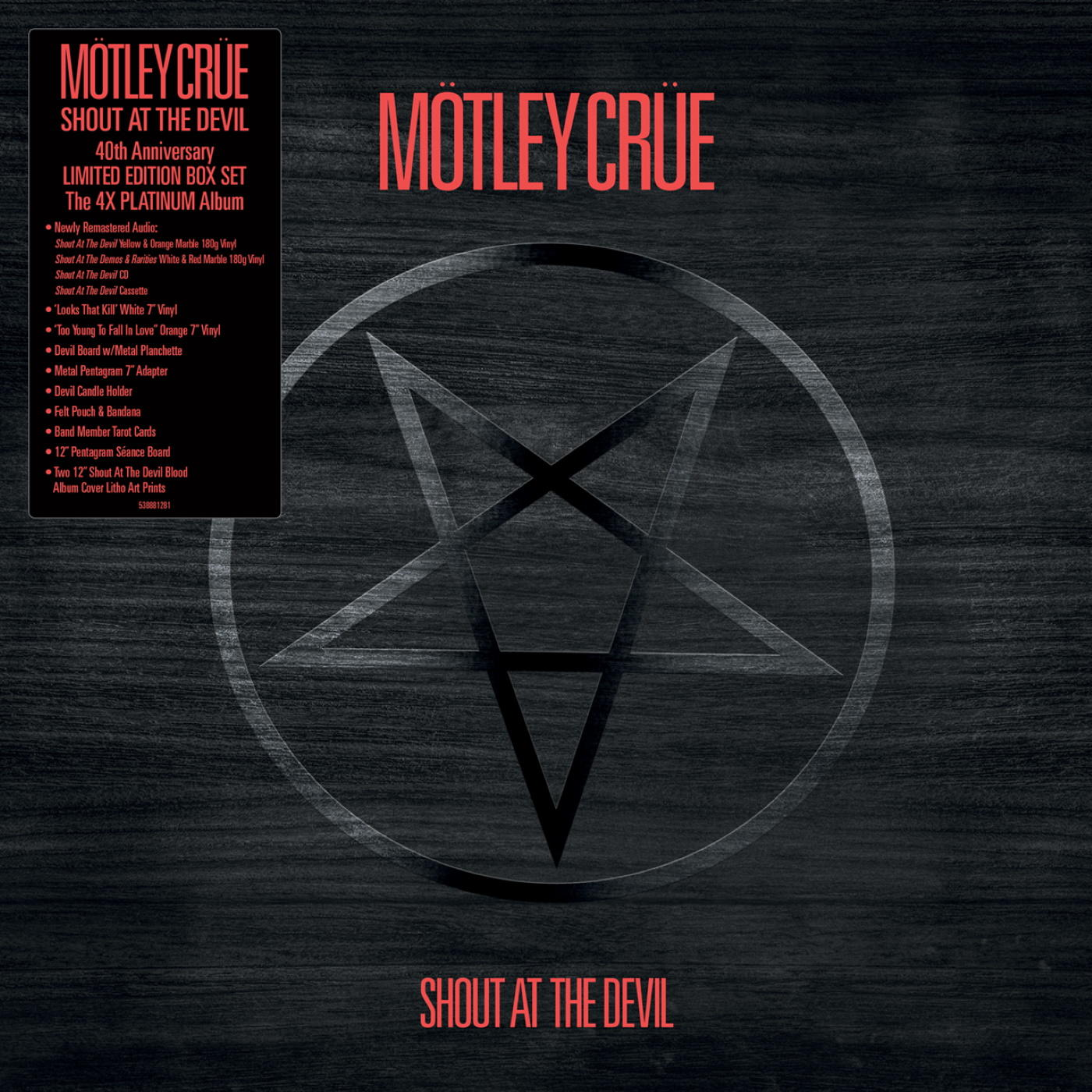 Albumborító a 'Mötley Crüe' szavakkal és egy pentagram szimbólummal fekete háttéren.