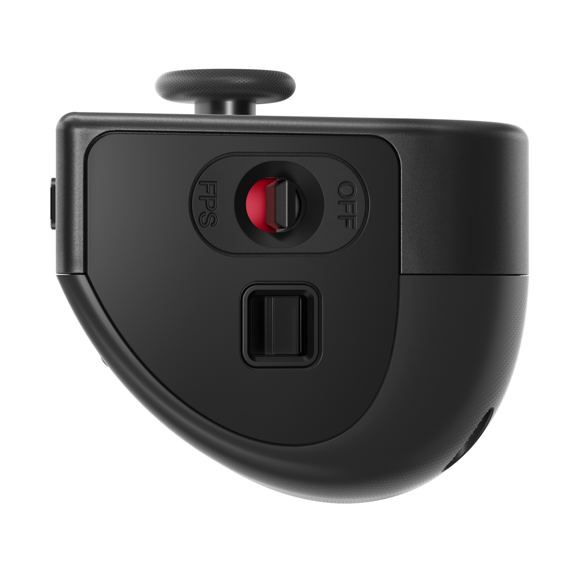 Ein schwarzes Gerät mit rotem Knopf und Joystick. Weißer Hintergrund.