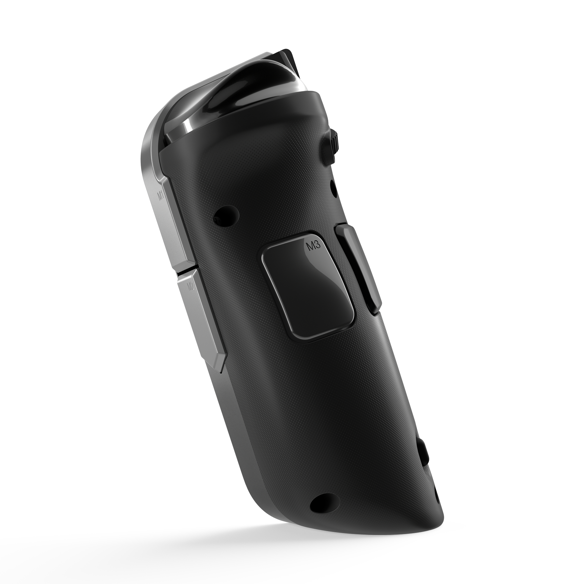 Schwarzer Gamecontroller. Seitenansicht, mit Knöpfen und MS-Logo.