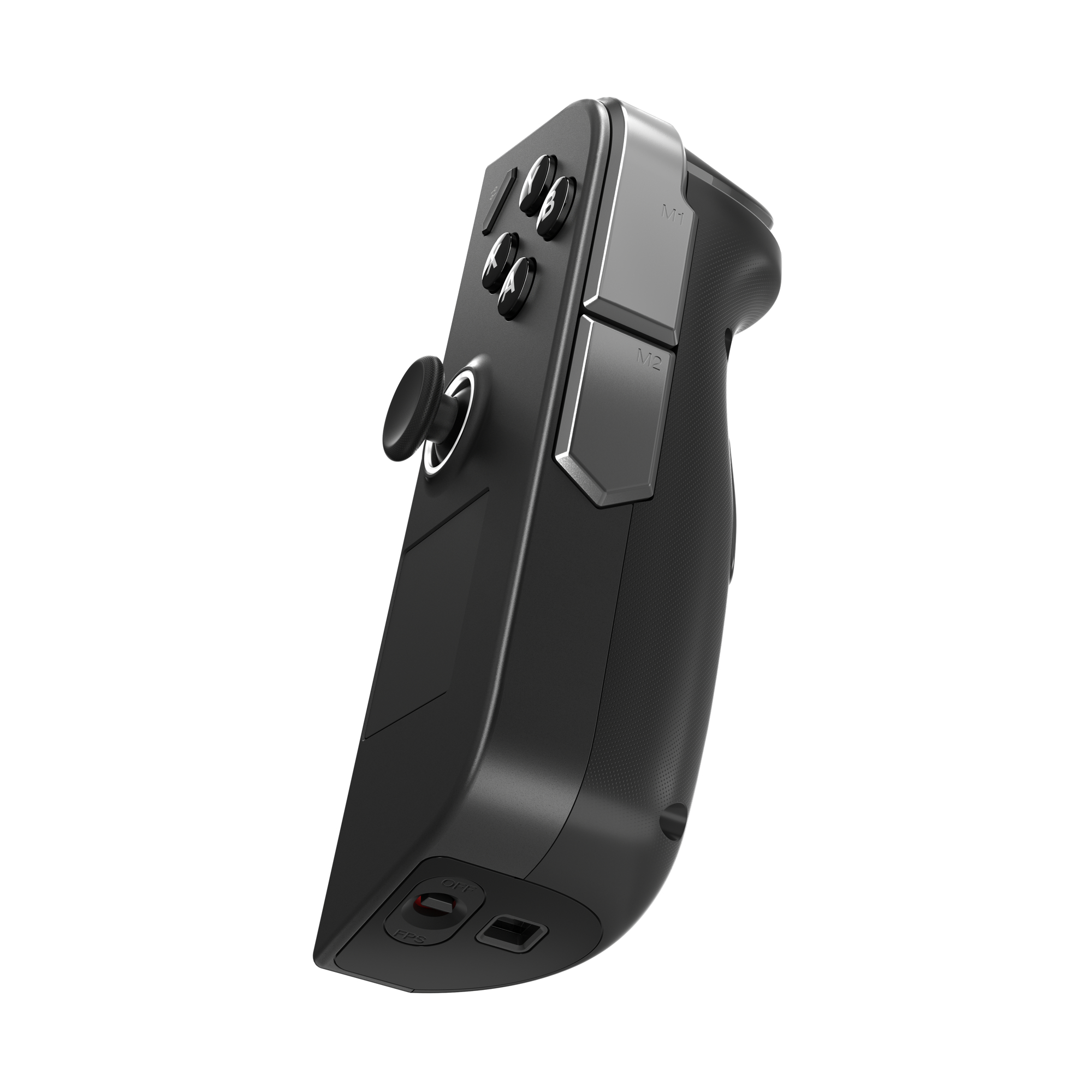 Ein schwarzer und silberner Gamecontroller, der Knöpfe und einen Joystick zeigt.