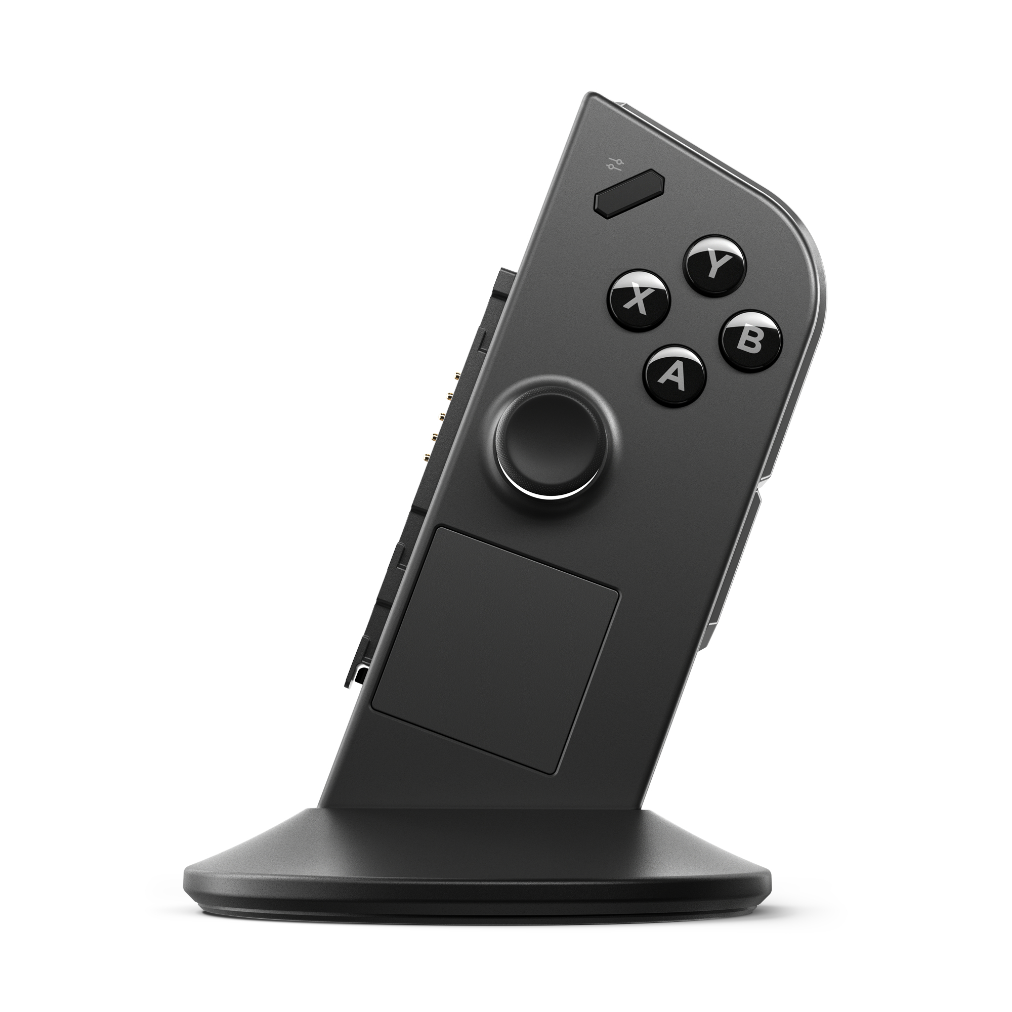 Ein schwarzer Game-Controller auf einem Ständer. Der Controller hat Tasten.