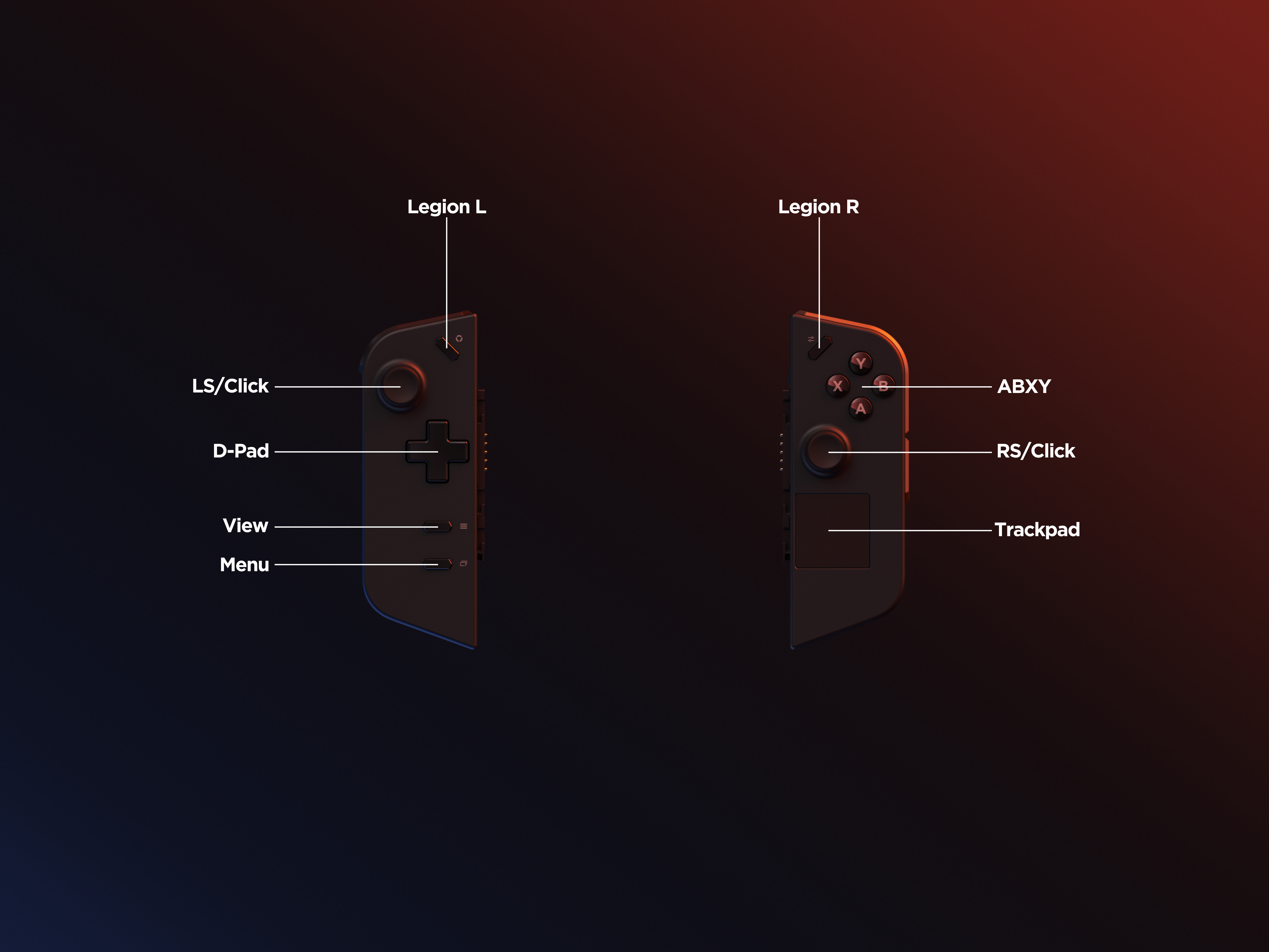 Zwei schwarze Gaming-Controller mit beschrifteten Tasten. Der Hintergrund ist dunkel mit roter und blauer Beleuchtung.