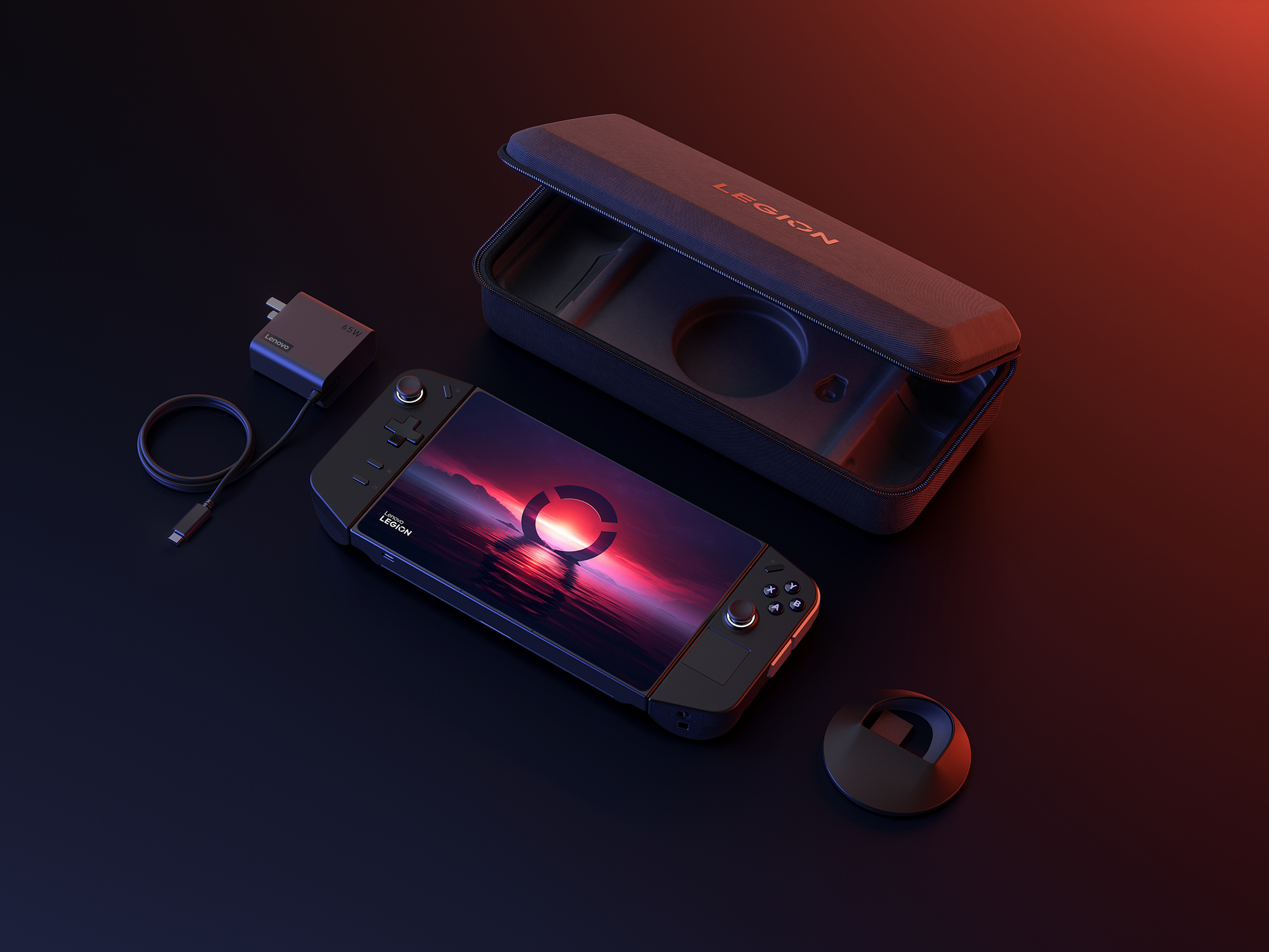 Schwarzer Gaming-Handheld, offenes Case, Netzteil. Rot-Schwarz-Farbschema.