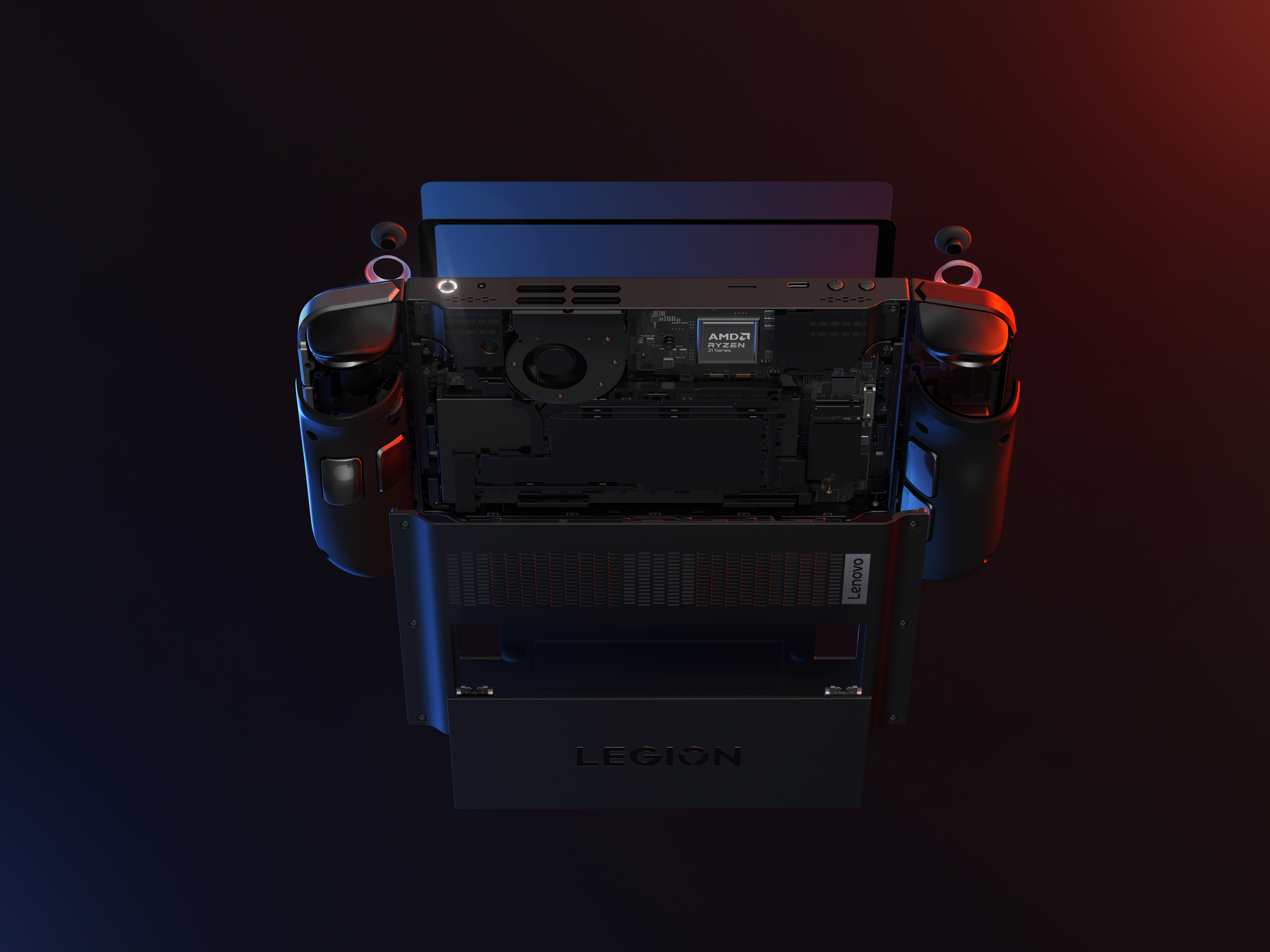 Ein Gaming-Laptop mit freiliegenden Komponenten. Auf der Rückseite ist das AMD Ryzen-Logo zu sehen.