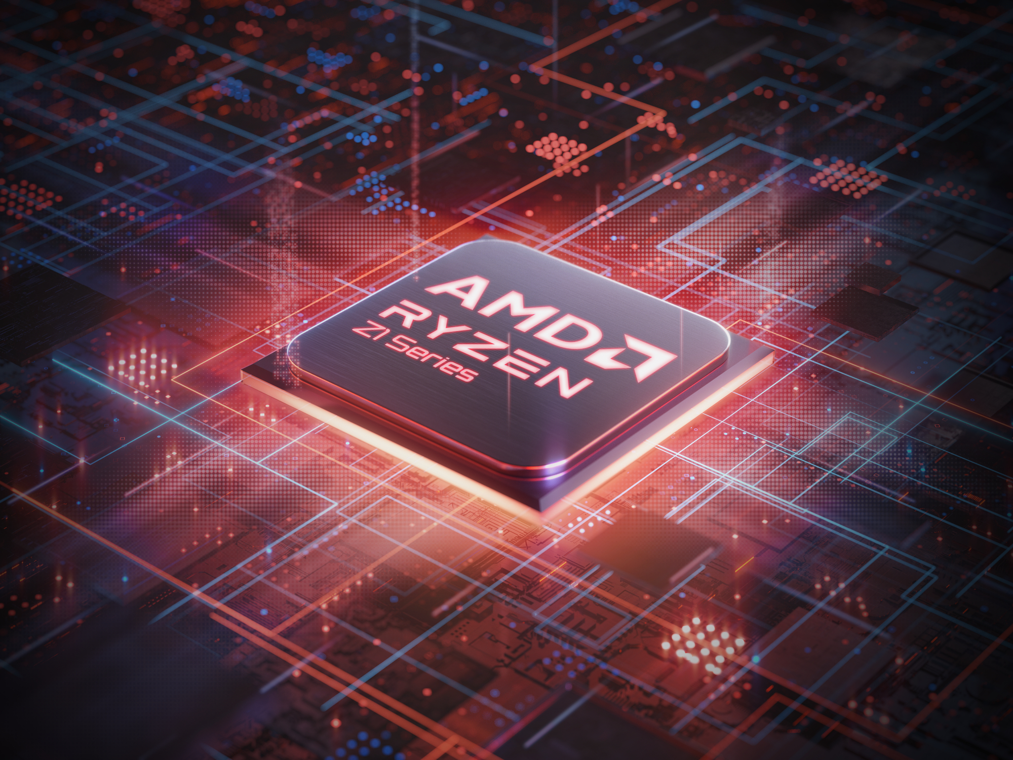 Nahaufnahme eines AMD Ryzen Z1 Series Prozessors mit rotem und blauem Leiterplattendesign.