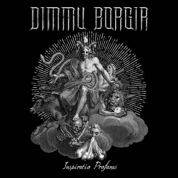 Albumcover. Schwarz-Weiß-Illustration mit Text: Dimmu Borgir, Inspiratio Profanus.