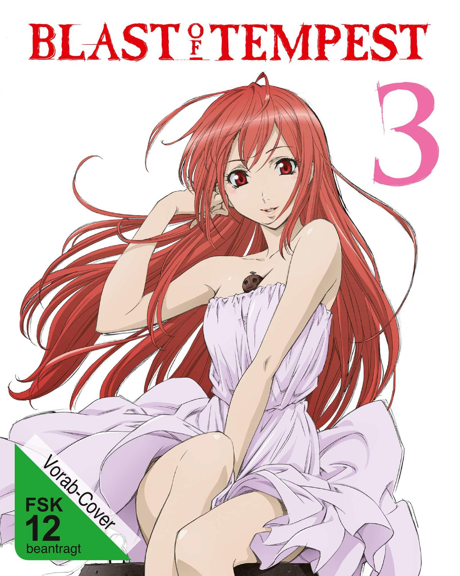 Blast of Tempest Anime-Cover. Rothaarige Frau in weißem Kleid. Blu-ray-Disc-Logo.