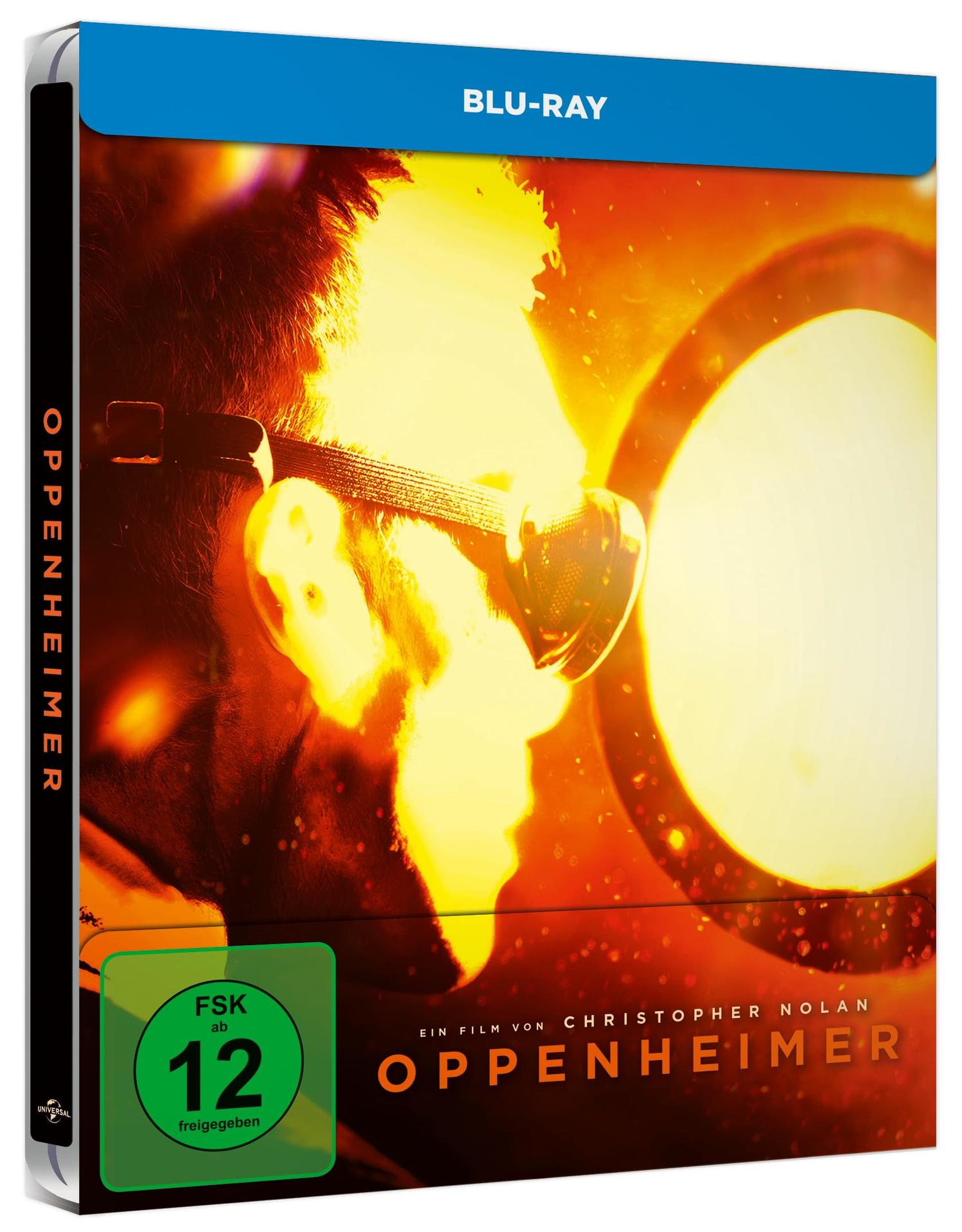 Blu-ray-Hülle: Oppenheimer-Film, C. Nolan, FSK 12-Bewertung.