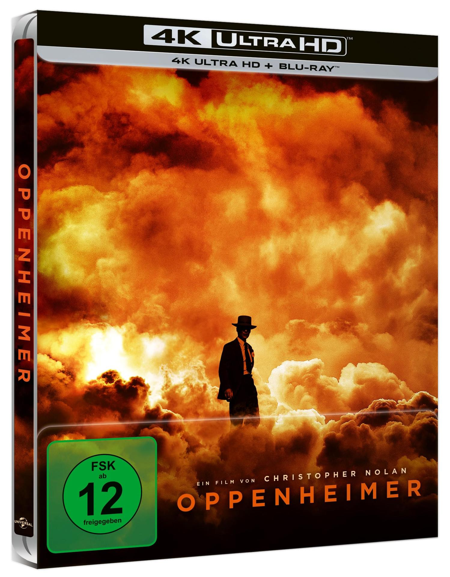 Oppenheimer Blu-ray-Hülle mit feurigem Hintergrund und Figur. Bewertung: FSK ab 12 freigegeben.