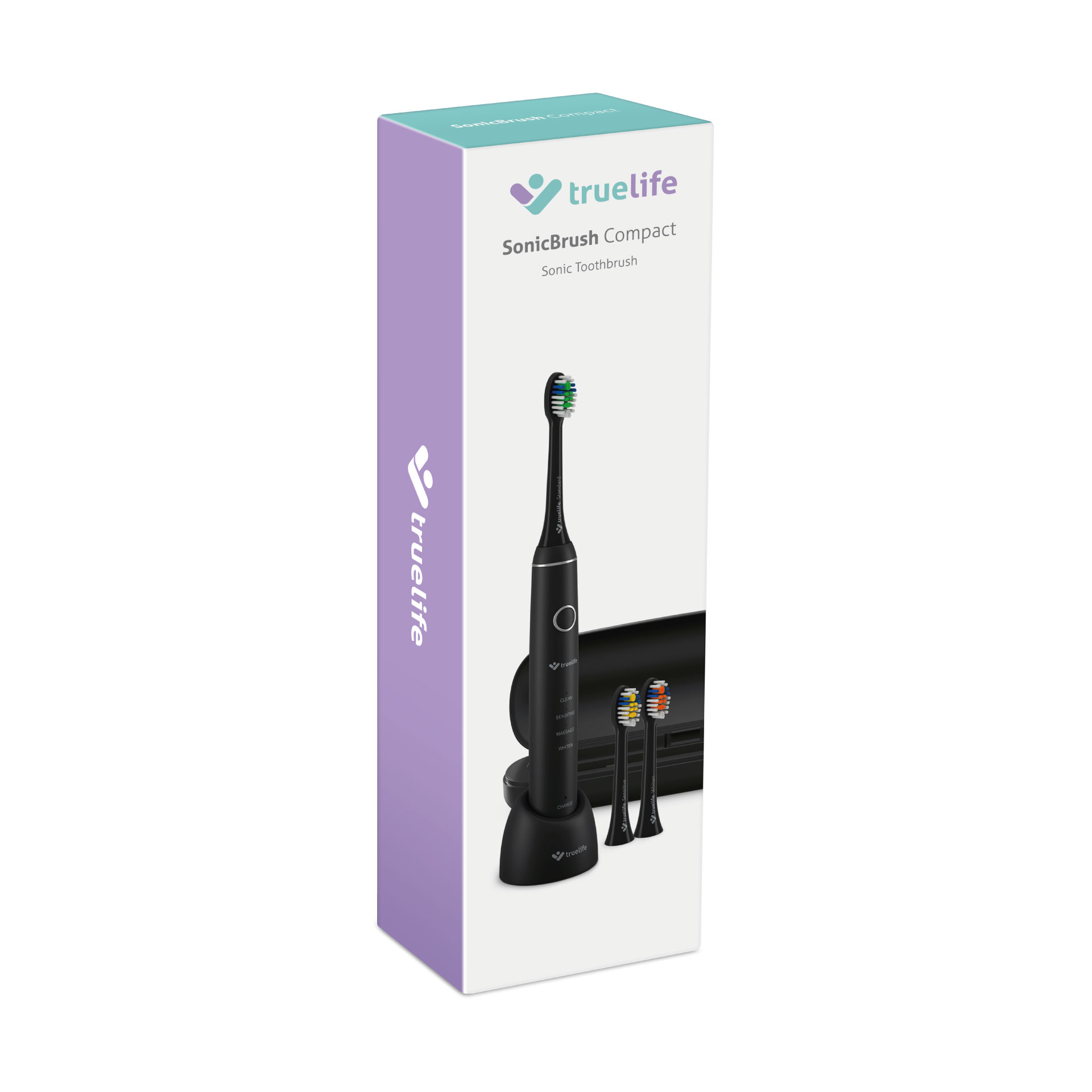 Dobozos fekete SonicBrush Compact fogkefe, két extra kefefejjel.