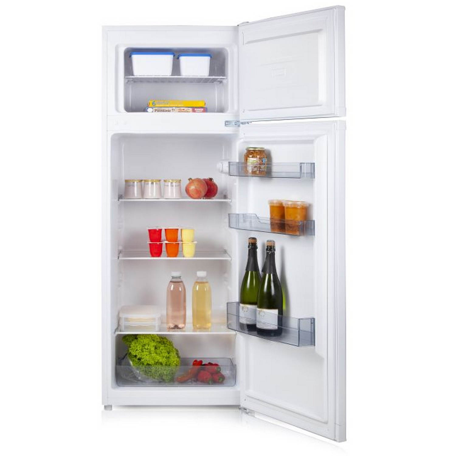 Réfrigérateur ouvert avec aliments : fruits, boissons et légumes.