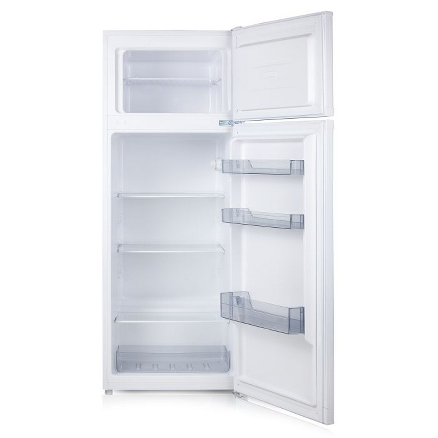 Réfrigérateur blanc avec portes ouvertes, montrant étagères et bacs de rangement transparents.