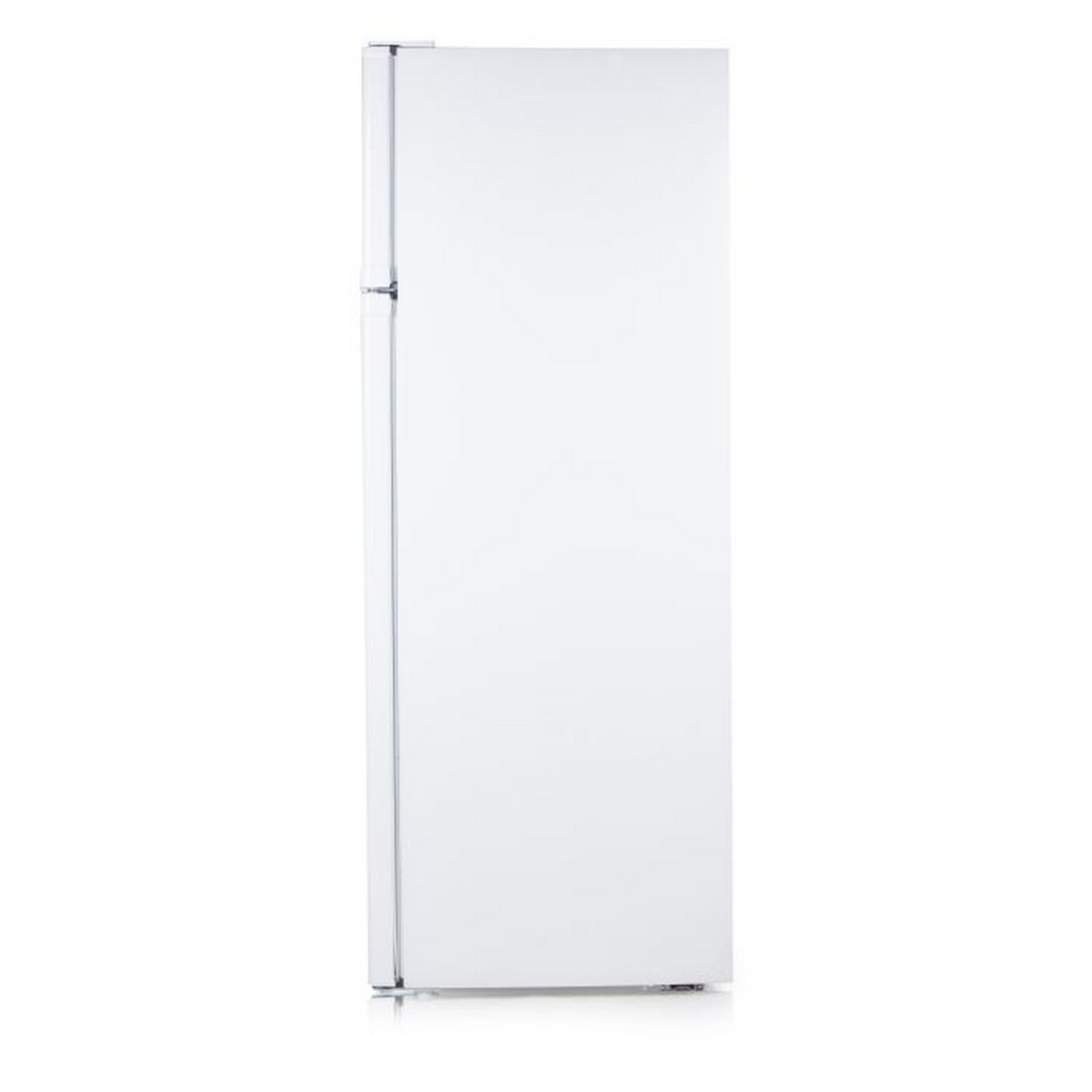 Un réfrigérateur blanc avec un congélateur supérieur. La porte est fermée et le fond est blanc.