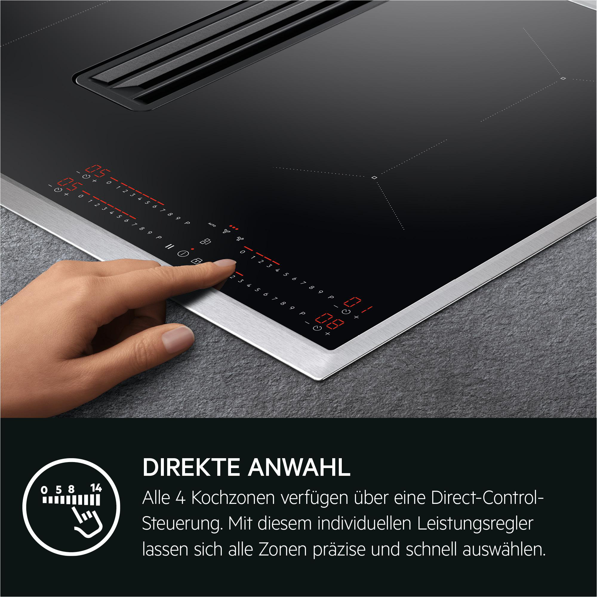 Schwarzes Induktionskochfeld. Hand berührt das Bedienfeld. Zahlen und Symbole sind sichtbar.