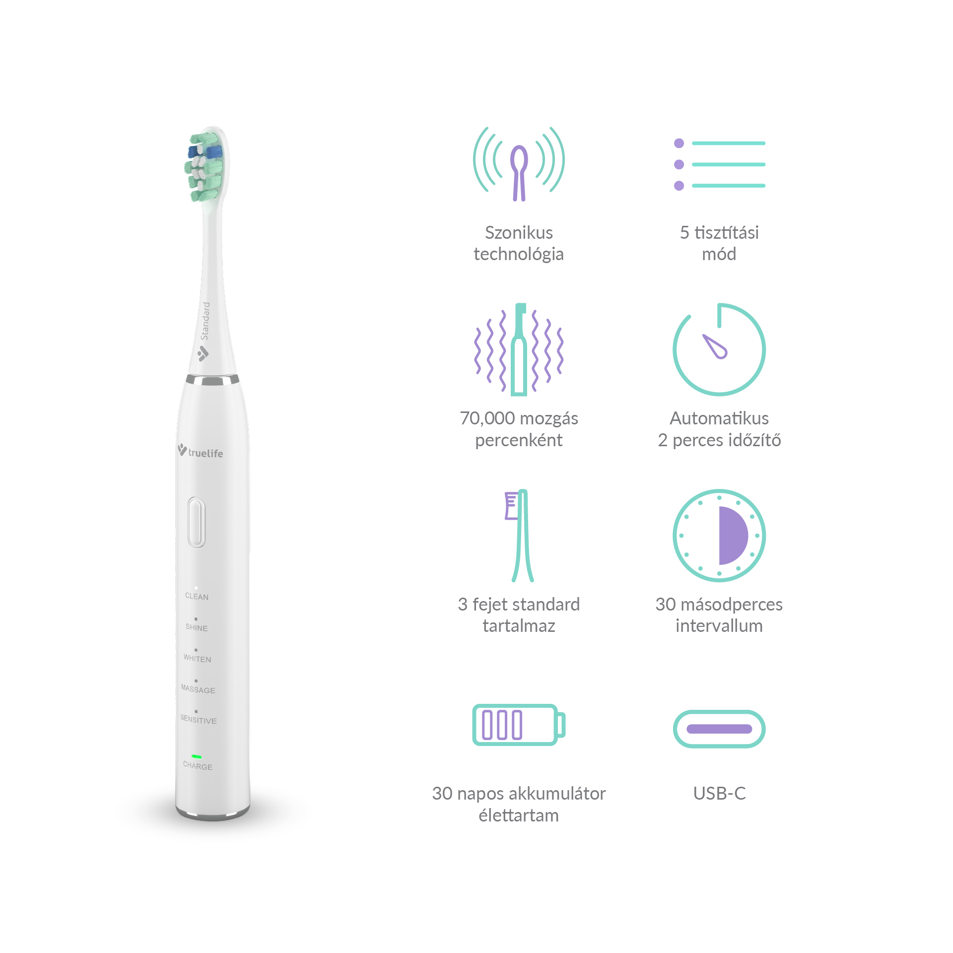 Fehér elektromos fogkefe ikonokkal: 5 mód, 70.000 mozgás, USB-C, 30 napos akkumulátor, időzítő.