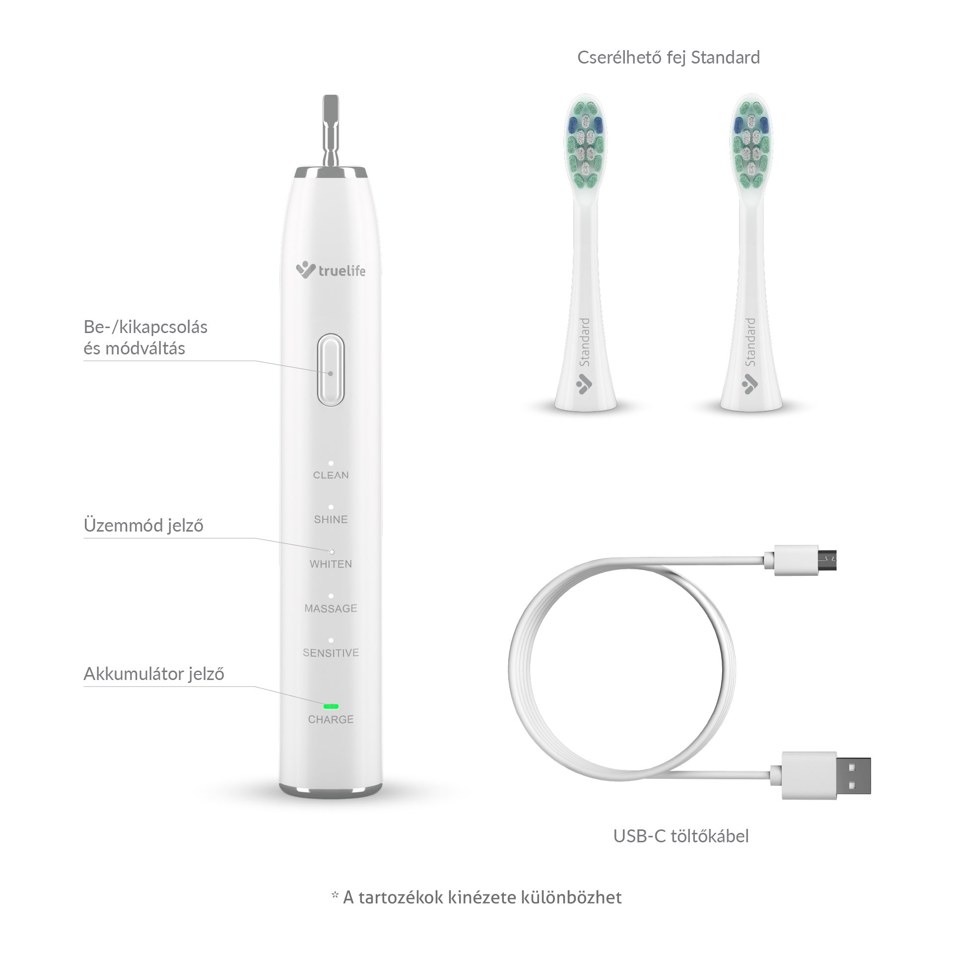 Fehér elektromos fogkefe, töltőkábel és két fogkefe fej.